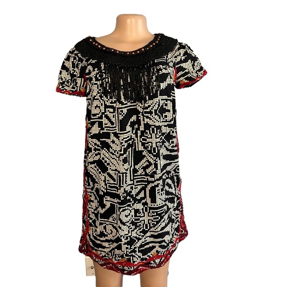 3/$30 🍂 Anthropologie Floreat Abelia Tribal Print Dress Black Multicolored - Picture 2 of 10